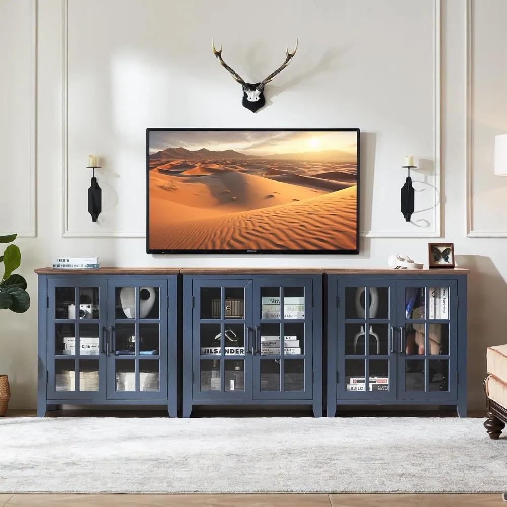 Large Sideboard Buffet Cabinet with Storage, Farmhouse Navy Blue Kitchen Coffee Wine Bar Cabinet with Glass Doors