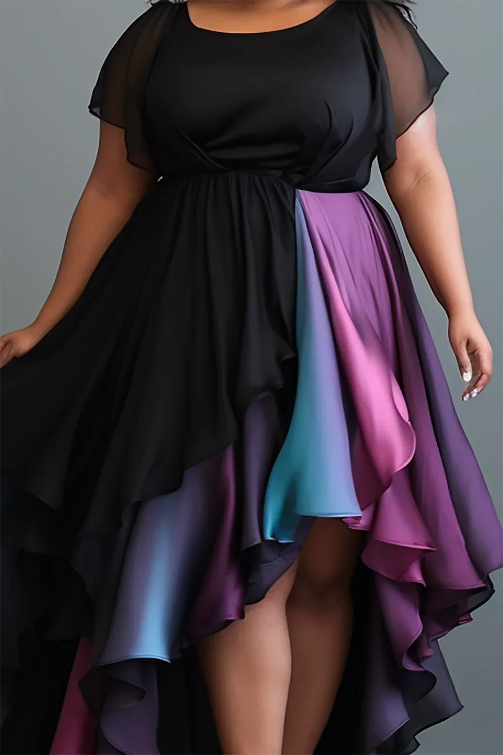 Plus Size Purple Asymmetric Hem Midi Dress round Neck Wedding Guest Women's Fashion Elegant Party Gown