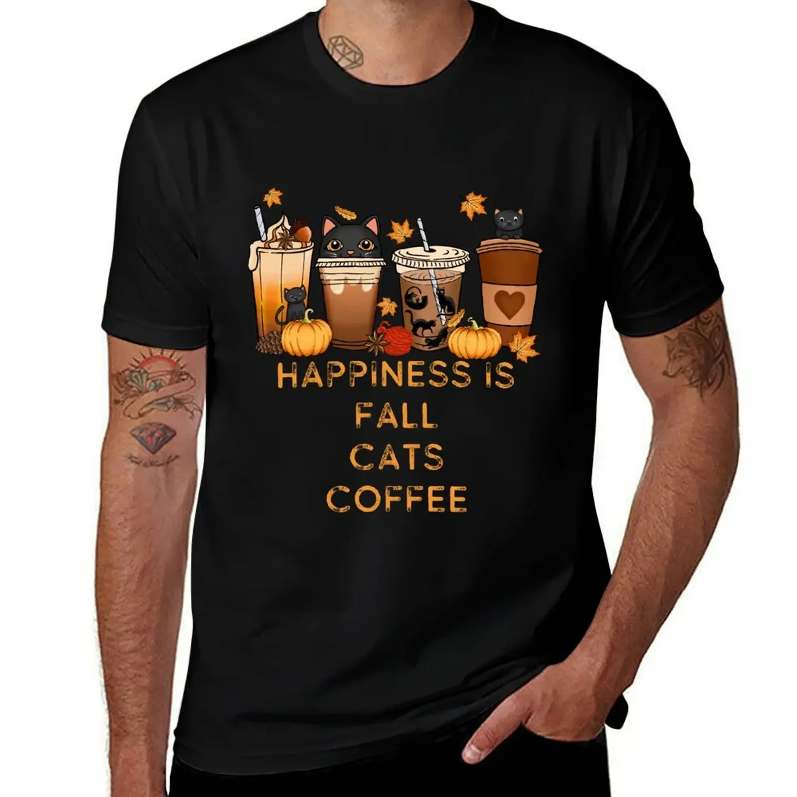 Happiness Is Fall Cats And Coffee T-Shirt quick drying plain mens t shirts casual stylish