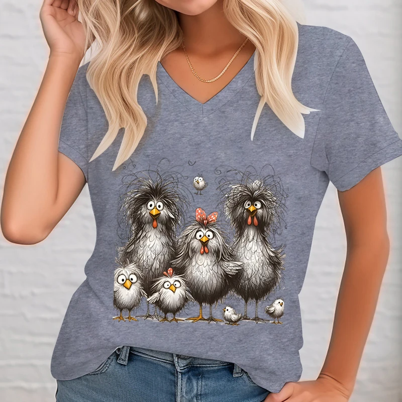 Women\'s Clothing Funny Chicken V-neck Short Sleeve T-shirt Cute Cartoon Animal Lovers T-shirt Casual Tops Women\'s Clothing Sales