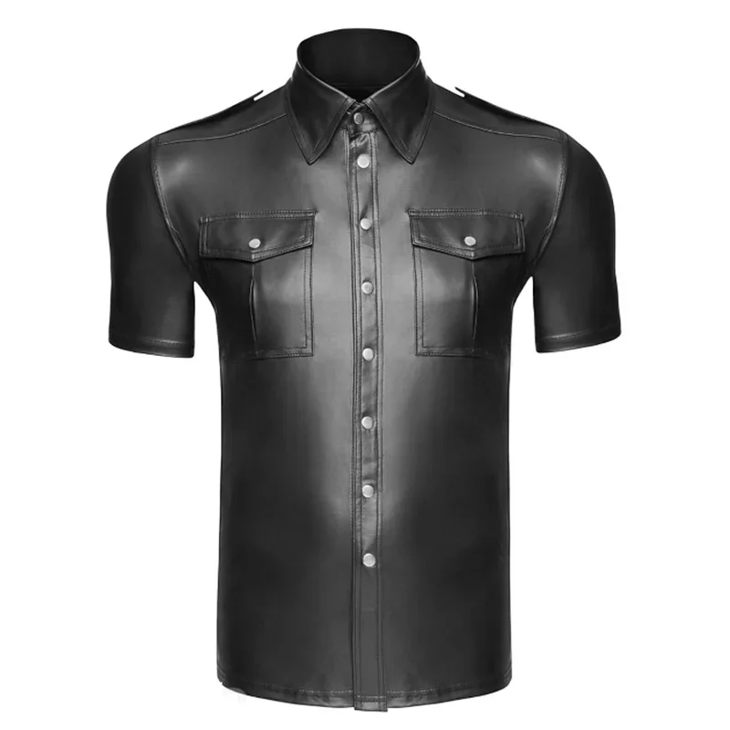 Summer Mens PU Leather Black Blouse Slim Fit Short Sleeve Turn-down Collar Shirt Mens Clothing Cool Mens Casual Blouse