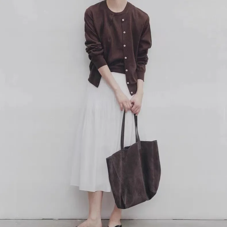 Setelan Dua Potong Wanita Model Rok Midi Berlipit Kerah Tegak dengan Ikat Pinggang Longgar, Gaya Sederhana untuk Semua Musim