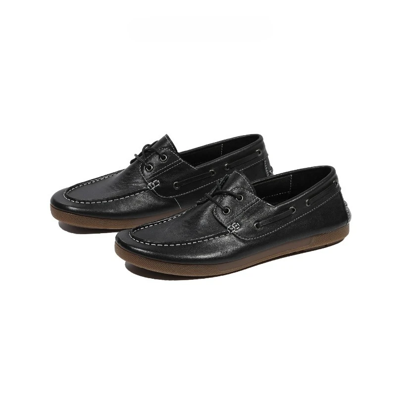 Vintage Genuine Leather Boat Shoes Men Casual Leather Shoes Lace-up Soft Sole Horsehide Hand-stitched Driving Shoes