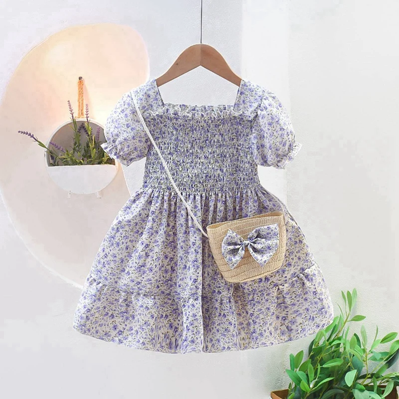 Cute Floral Patter Pettiskirt for Kids Girls Summer Fashion Dress with Shoulder Bags for Sweet Princess Children Casual Dress