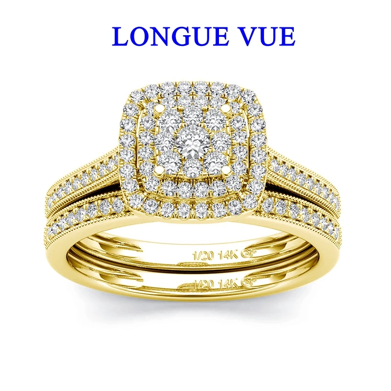

2pcs Solid 14K Gold Filled Moissanite Wedding Band Ring Set for Bride Women Lab Diamond Brideset Jewelry