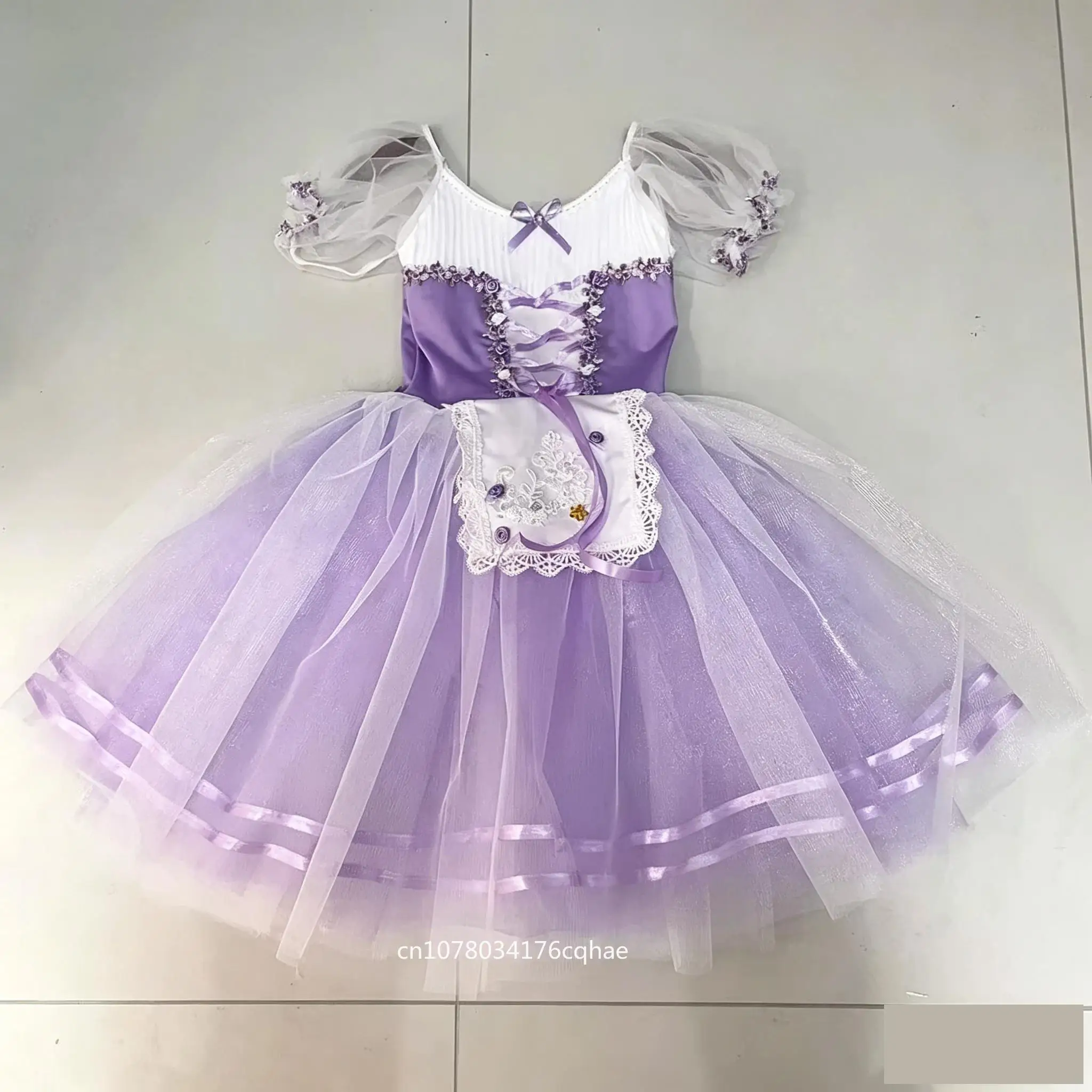 

Girls Purple Princess Tulle Ballet Dress Kids Puff Sleeve Lace Apron Tutu Dress Women Child Birthday Party Performance Costume