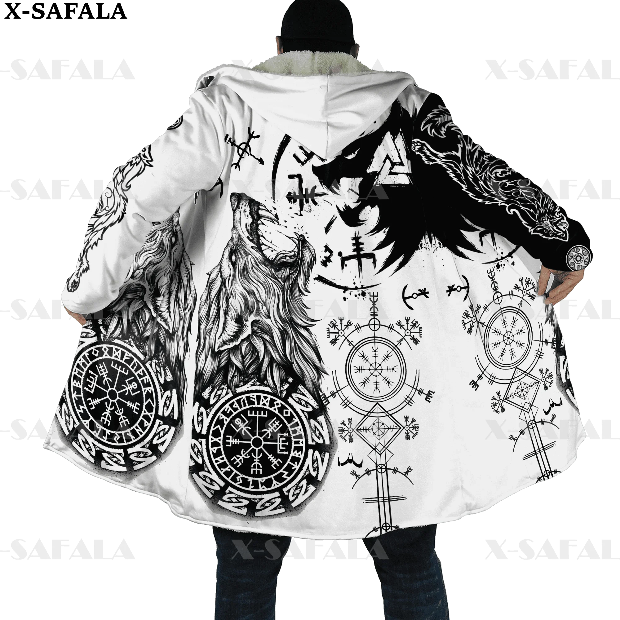 

Fenrir Viking Night Dark Wolf Tattoo Print Thick Warm Hooded Cloak Men Overcoat Coat Windproof Fleece Cape Robe Blanket-1