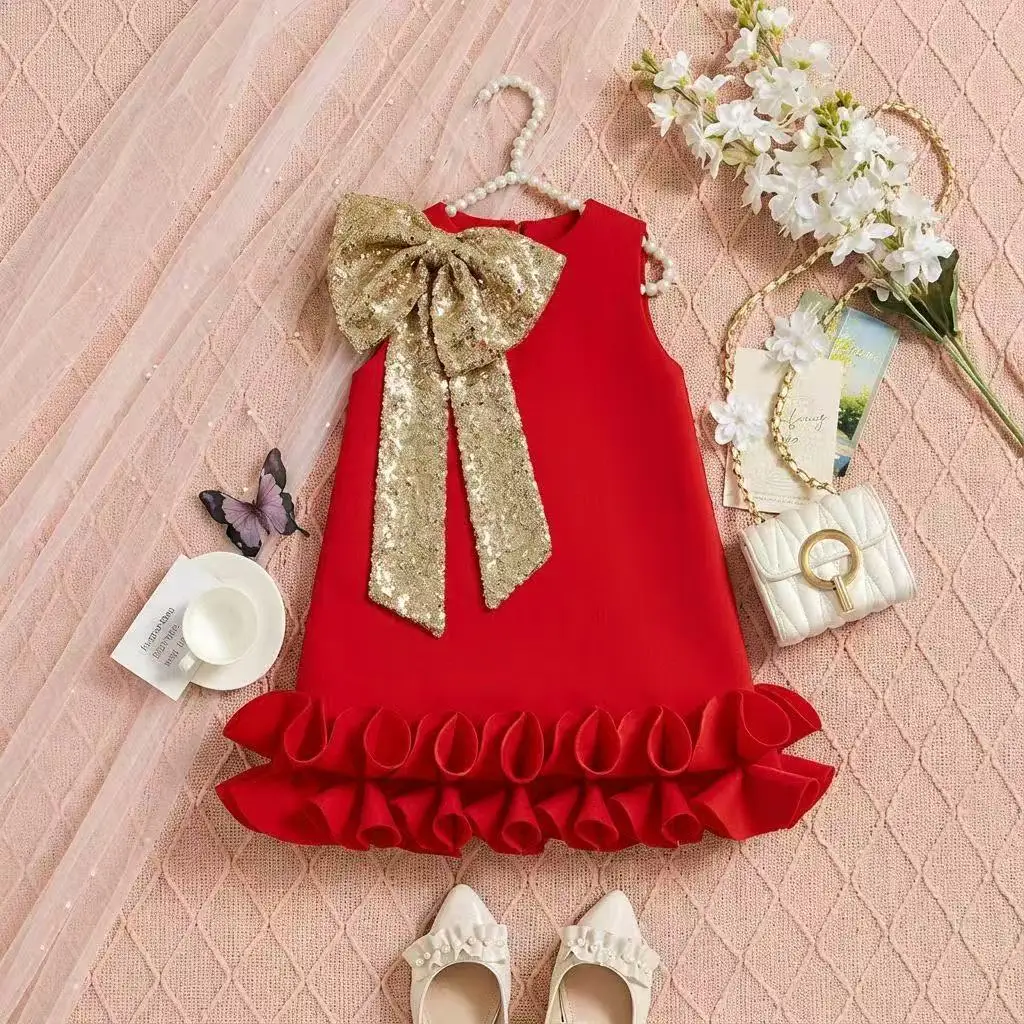 2026 Kids Girls Princess Dress Crew Neck Bow Sleeveless Birthday Party Pageant Performance Formal Dress for 80-120cm