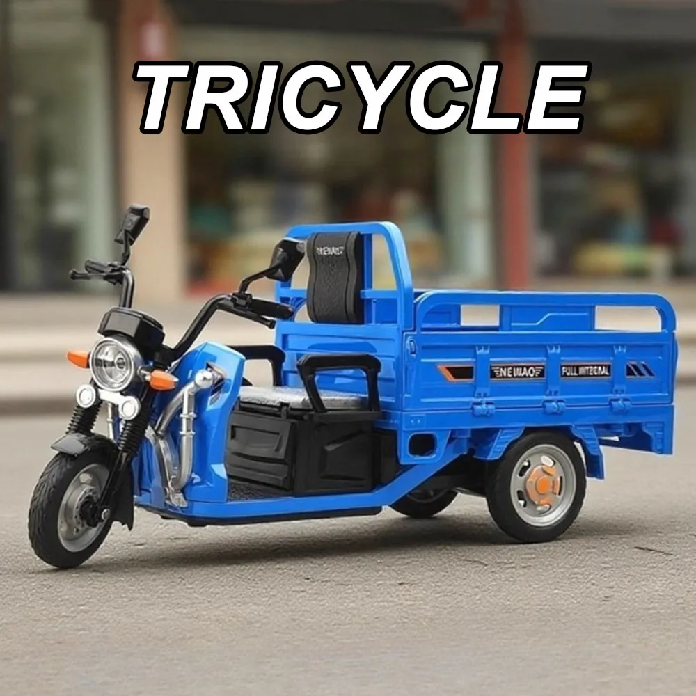

1:12 Alloy Tricycle Motorcycle Model Diecast Car Toys Front Wheel Steering Seat Can Opened Sound Light Pull Back Vehice Kid Gift