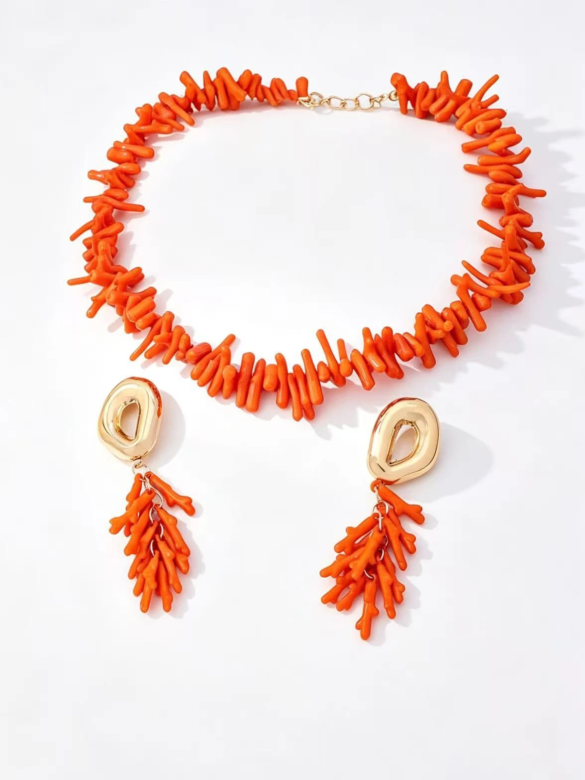 Vintage Bohemian Künstliches Korallenzweig-Schmuckset Unregelmäßige Korallenperlen-Halskette Lange Quasten-Ohrringe Damen Sommer Strand Urlaub Accessoires – Detail 13