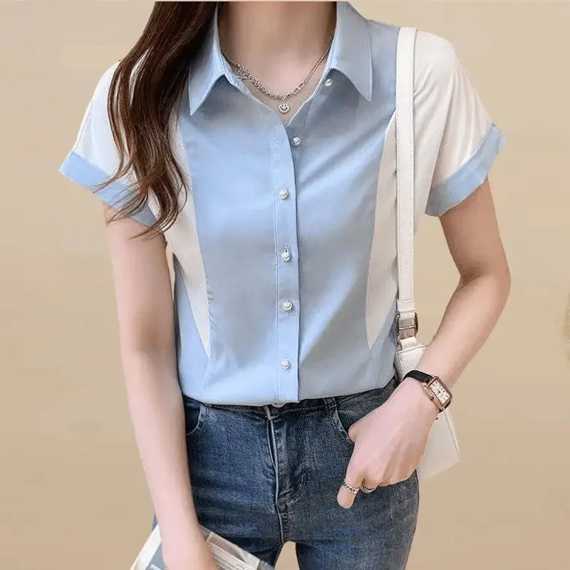 Fashion Lapel Spliced Raglan Sleeve Plus Size Chiffon Blouse Summer New Commute Tops Loose Female Clothing Casual Shirt X640