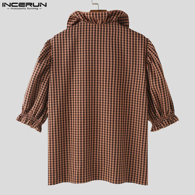 INCERUN Men\'s Shirt Plaid Turtleneck Half Sleeve Personality Fashion Casual Unisex Shirts Summer 2024 Streetwear Men Clothing