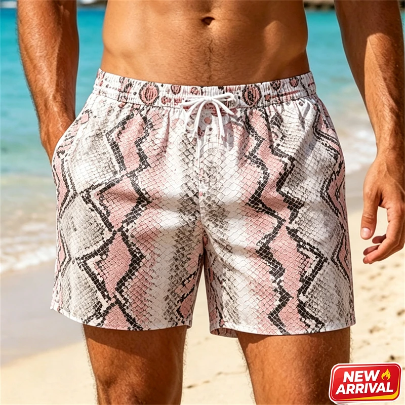 3D Printed Snake Skin Graphic Beach Shorts Men Street Trend Cool Swim Trunk Vacation Party Quick Dry Novelty Surf Board Shorts