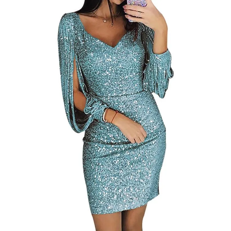 Sexy Long Sve Sequin Tassel Bodycon Dr for Night Club Par 25-29 Years Old Women Polyester Street Sle V-Ne ort S...