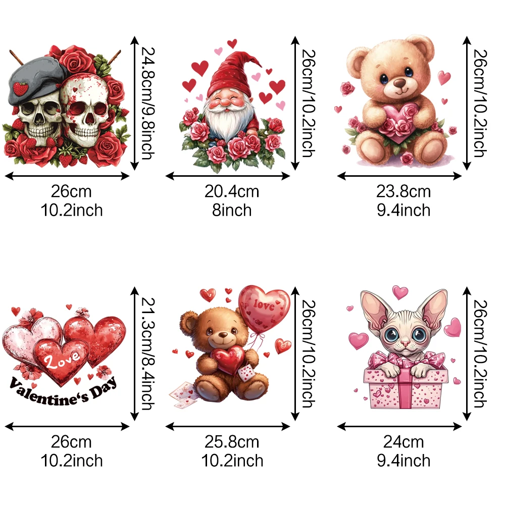 6 pegatinas de impresión por transferencia de calor con patrón de dibujos animados bonitos para el Día de San Valentín, pegatinas para planchar, impresión por transferencia de calor para ropa mixta