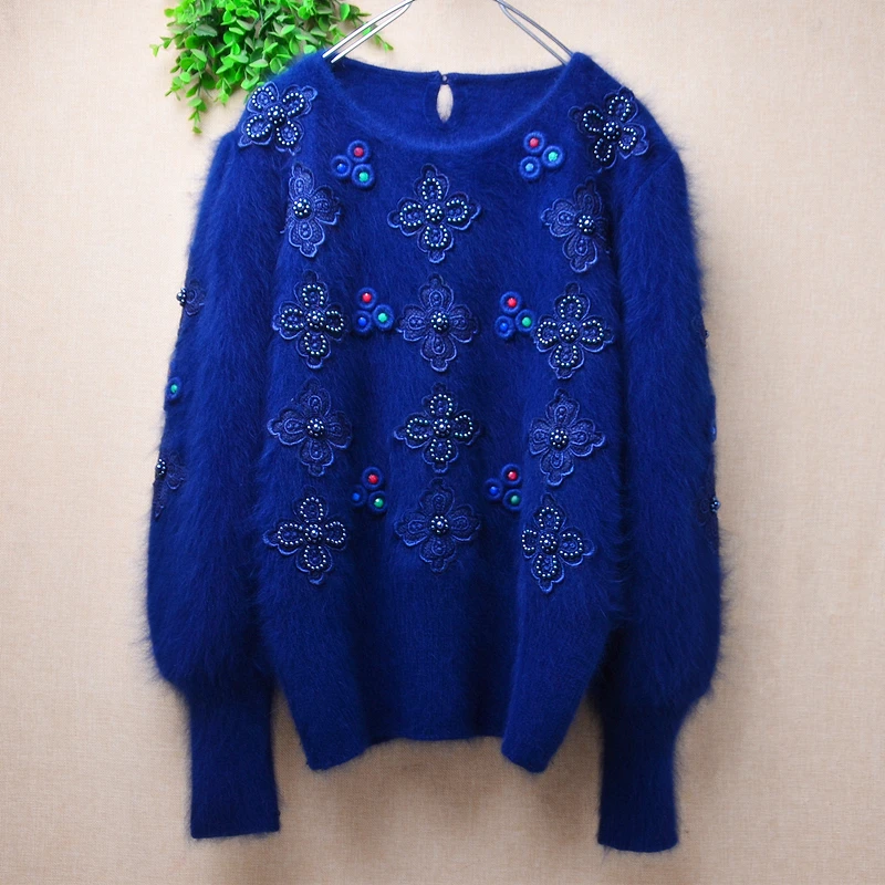 Ladies Women Autumn Winter Vintage Embroidery Beading Angora Rabbit Hair Knitted O-Neck Long Lantern Sleeve Loose Sweater Jumper