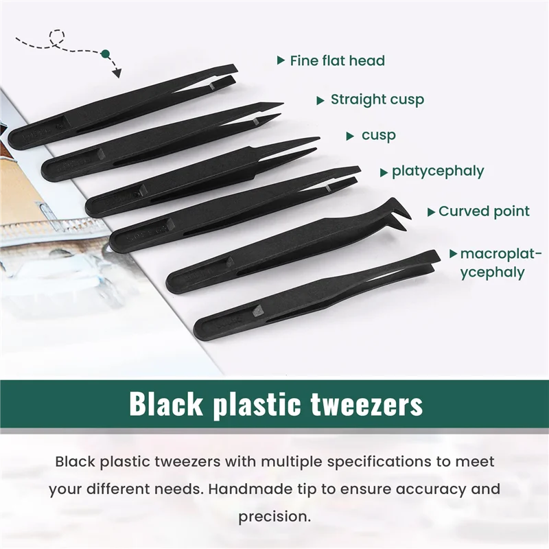 

A57M- 6PCS Precision Tweezer Set Plastic Anti Static Tool Kit Size 1/2/3/5/6/8 Each One(Black)