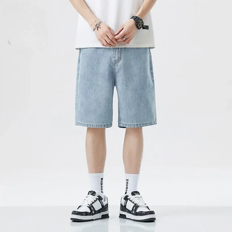 2025 New American Retro Short Men's Wide Leg Jeans Y2k Gothic Washed Loose Straight Leg Casual Men's Denim Shorts Sports Pants
