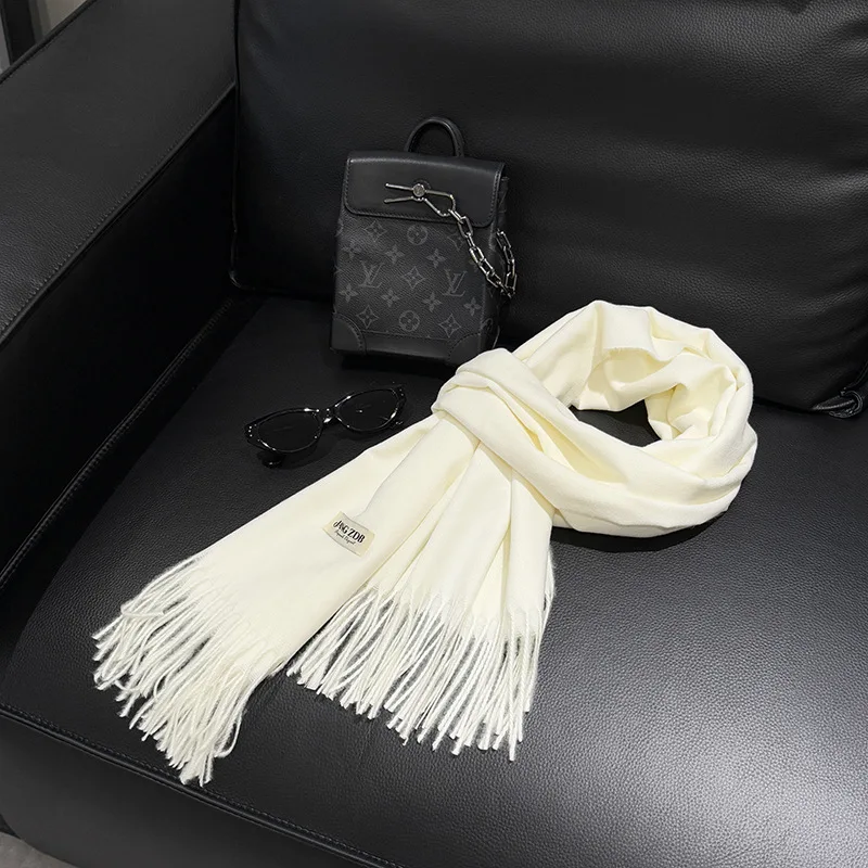 Новый женский зимний шарф 2025 года, однотонный белый большой толстый теплый платок из искусственного кашемира с кисточками на шею