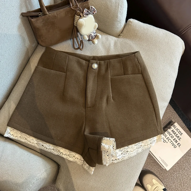 النساء الحلو الدانتيل السراويل الخريف الشتاء عالية الخصر شيك زر عارضة السراويل الإناث المرقعة الصلبة بسيطة مكتب سيدة ضئيلة السراويل