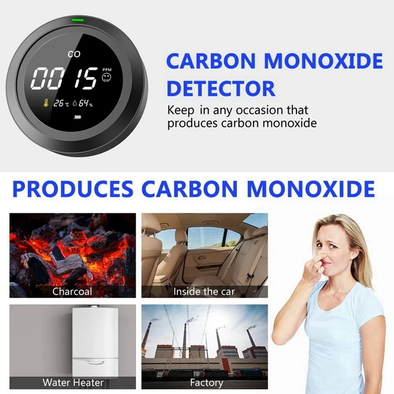 Portable Carbon Monoxide Detector [3-In-1] Air Quality Monitor/Temperature/Humidity/Smoke CO Gas Sensor