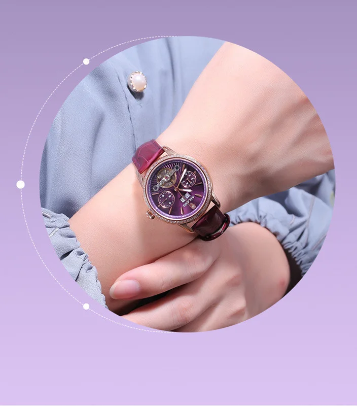 حار بيع 36MM الماس السيدات التلقائي الميكانيكية فتحة سقف التقويم ووتش حزام من الجلد الأحمر الإناث ساعة اليد للماء
