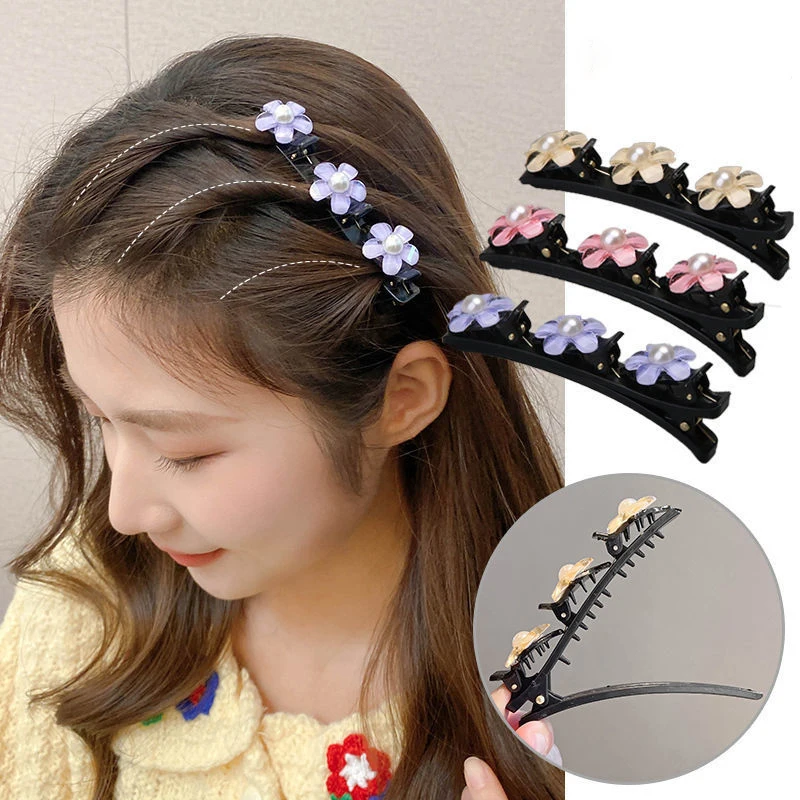 Flower Sparkling Crystal Butterfly Braided Hair Clips Four-Leaf Clover Chopped Hairpin Duckbill Claw With 3 Small Hair Barrettes