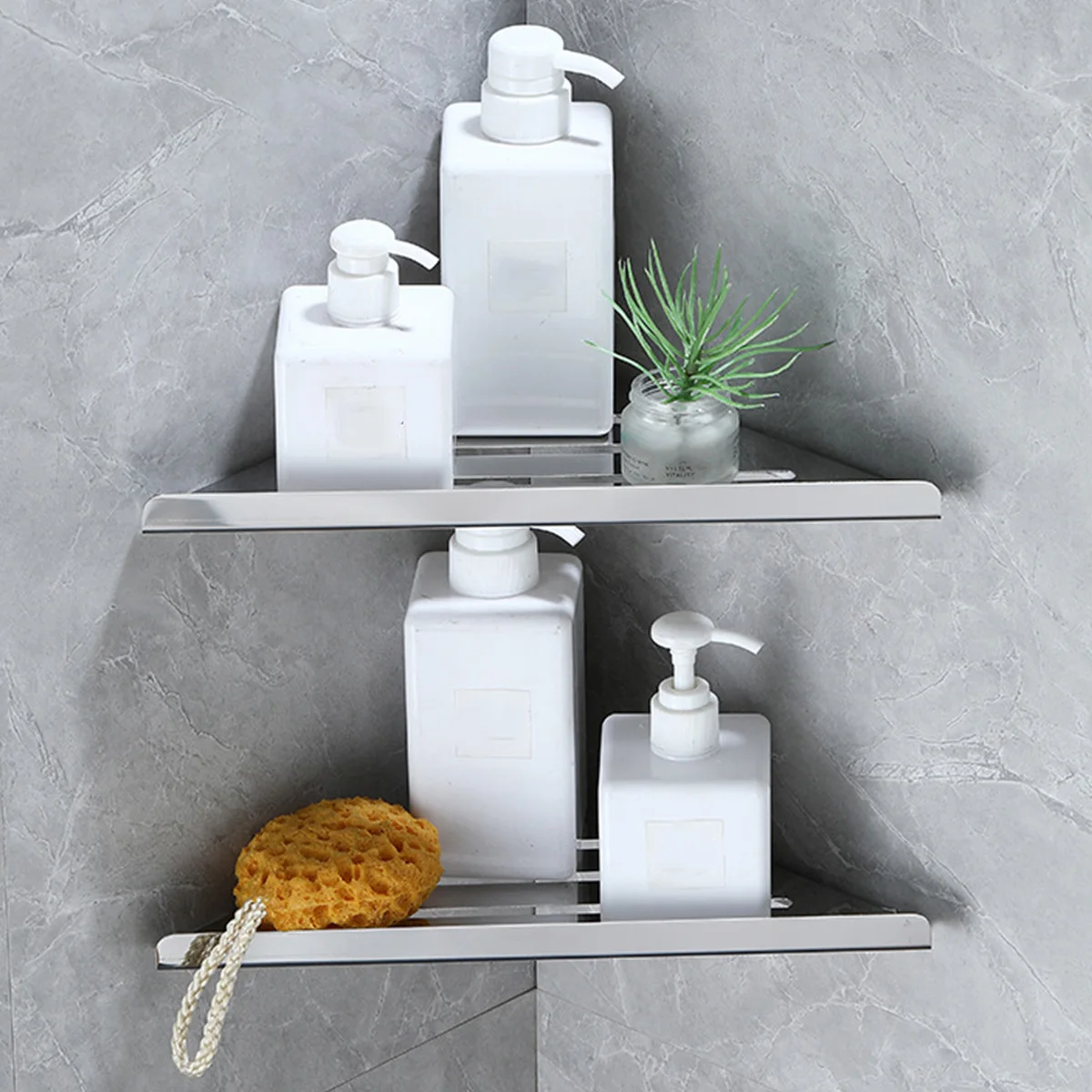 Bathroom Corner Shower Shelf Stainless Steel No Drilling Corner Shower Organizer Heavy-Duty Hollow Corner Rack for Bathroom Wal