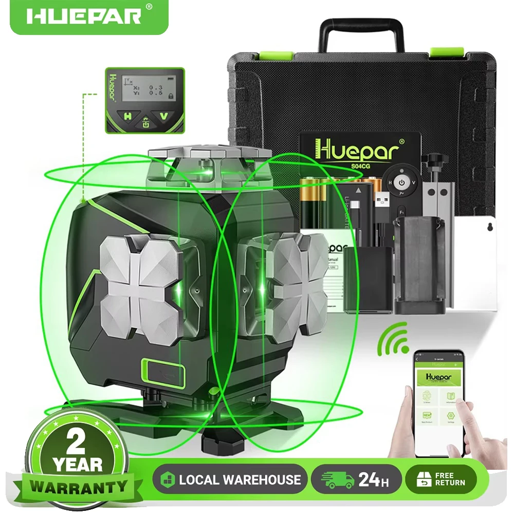 Image of Huepar S04CG-A Keine Halterung, 16-Linien-Laser-Nivelliergerät, selbstnivellierende Kreuzlinien, 4D-Laser-Nivelliergerät mit Fernbedienung, Hartgehäuse, LCD-Display
