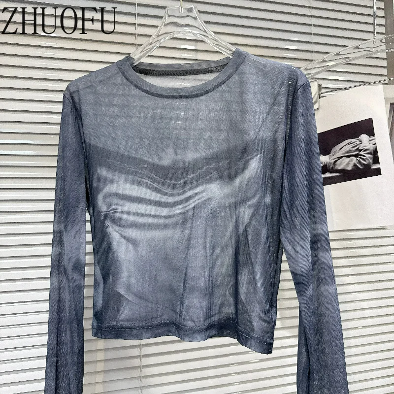 Women's European American Hot Girls Bottom Shirt Sweet Cool Fashion Smudge Printing Pattern Mesh Long Sleeve T-Shirt Ladies New