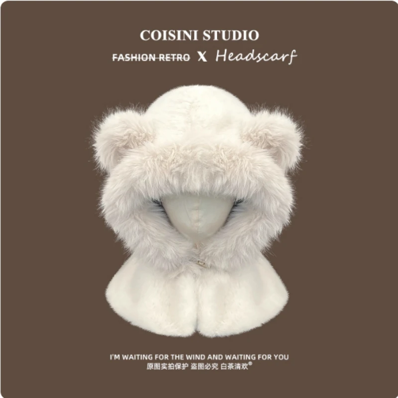 

Корейские новые плюшевые и милые шапки-балаклавы с медвежьими ушками, зимние теплые утолщенные снуды, защита шеи, интегрированная пуловерная кепка для женщин