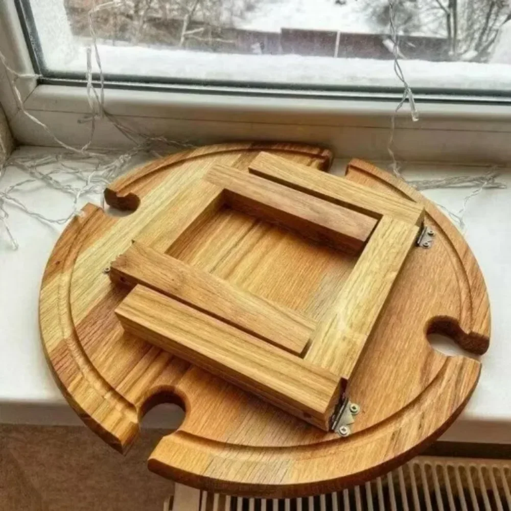 Wooden Folding Picnic Table Outdoor Camp Round Foldable Desk Wine Glass Rack Portable Leisure Time Snack Table Nut Fruit Plate image 5