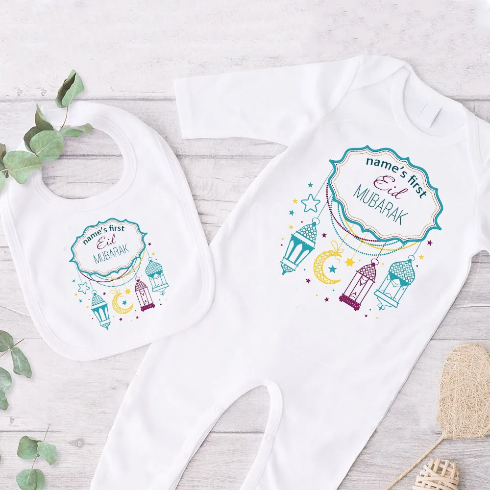 Personalized Baby First Eid Outfits Custom Name Newborn Sleepsuit & Bibs Set Clothes Islamic Muslim Holiday Infant Clothes - view 5