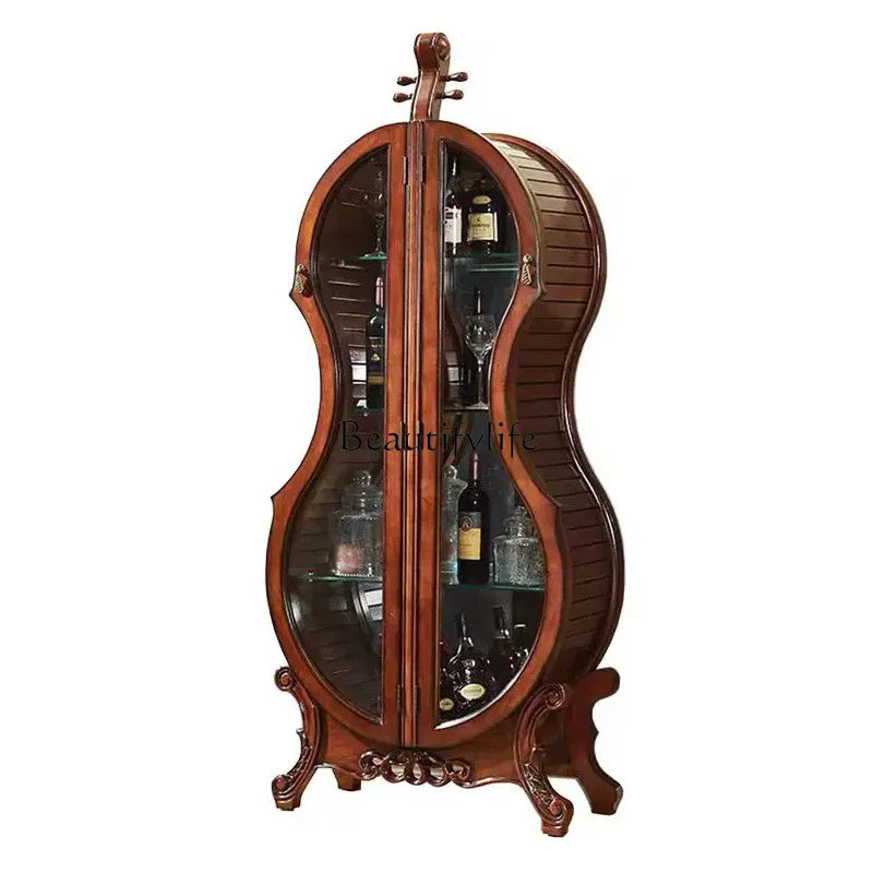 

American-Style Solid Wood Wine Cabinet Living Room Exquisite Display Cabinet Glass Cello Carved Double Door