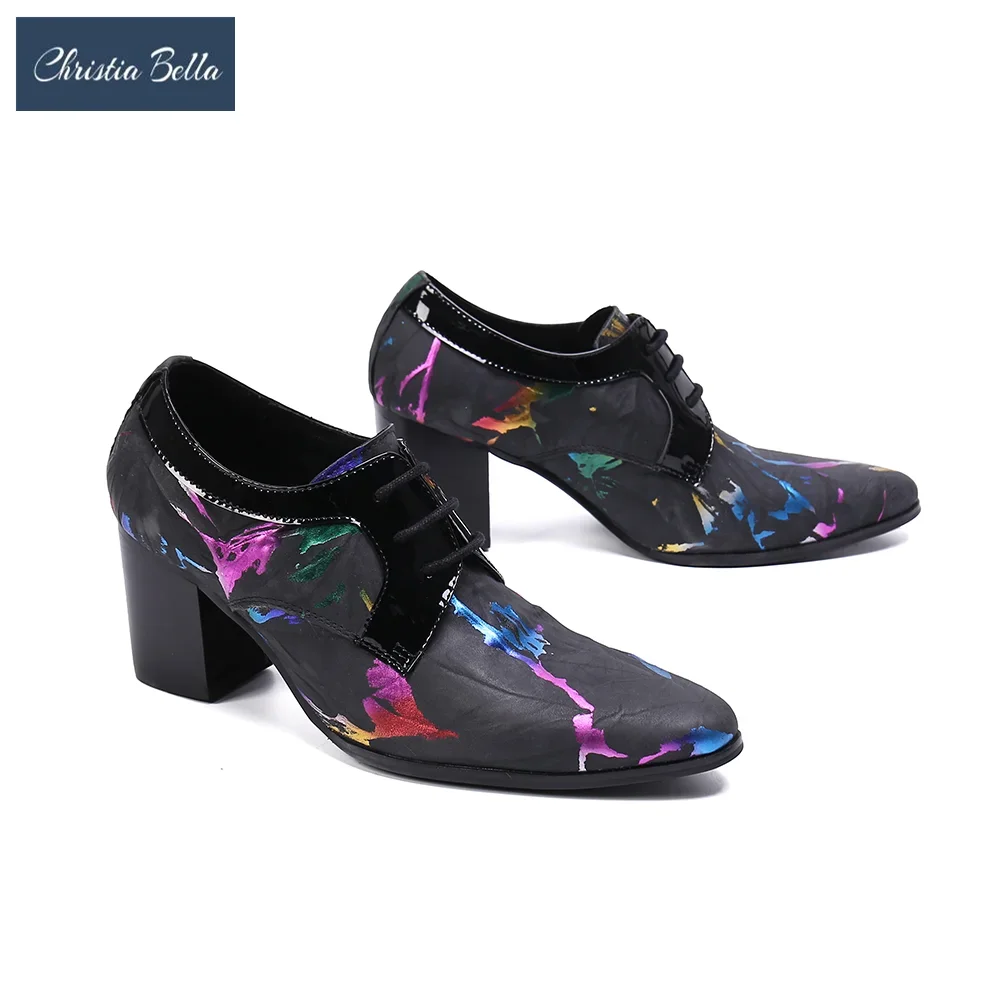 Christia Bella Designer Print High Heel Men Leather Shoes Increase Height Thick Heel Party Dress Shoes Male Dancer Short Boots