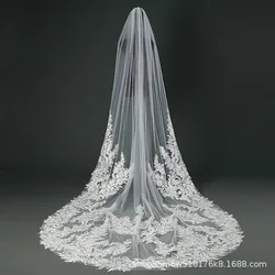 Real Photos 3M Partial Lace Edge One Layer Cathedral Wedding Veil with Comb Elegant Bridal Veil Velo De Novia