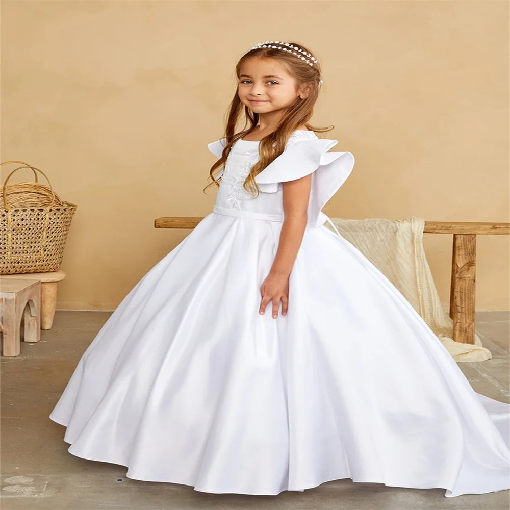 White Satin Trailing Butterfly Sleeves Flower Girl Dress Fluffy First Sacrament Birthday Special Occasion Custom Princess Kids