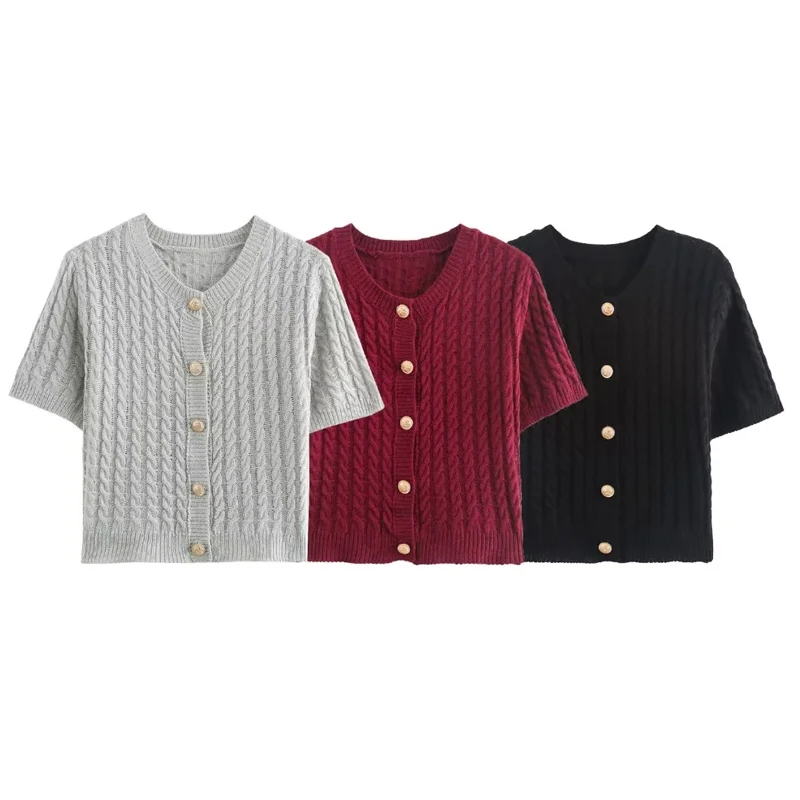 Black Cardigan Women Autumn Cropped Knitted Sweater Cardigan Cable Slim Short Sleeve Button Jacket Elegant Gray Cardigan