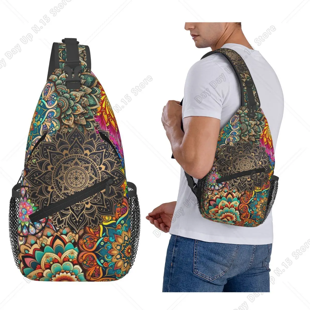 Bohemia Ethnic Mandala Flower Pattern Chest Bag Men Sling Crossbody Backpack Chest Bag Travel Hiking Daypack Shoulder Bag