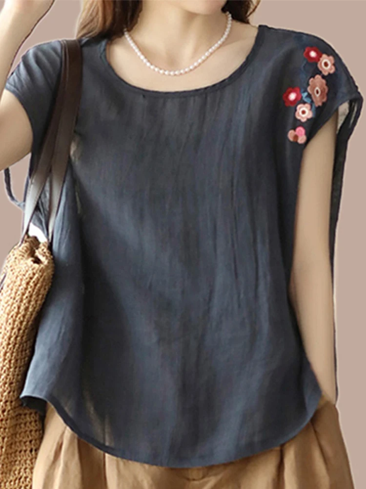 Linen Svel irt Women Summer Thin Japanese Sle Retro Heavy Embroidery Loose round Ne Cotton Linen Vest Top
