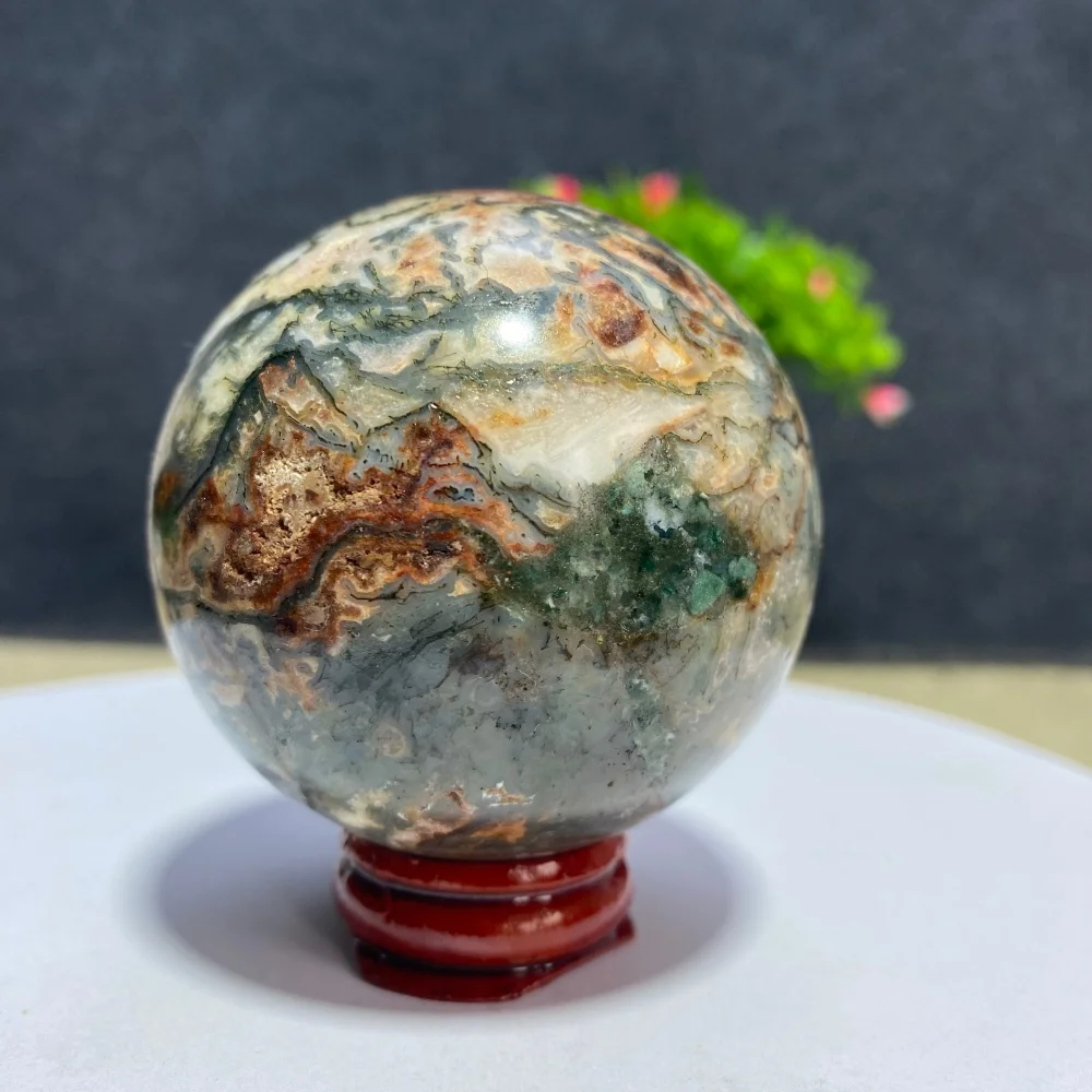 Red Aquatic Agate Moss Sphere Quartz Natural Crystal Geode for Healing Meditation Feng Shui Reiki Home Decor Gift Stone Ball