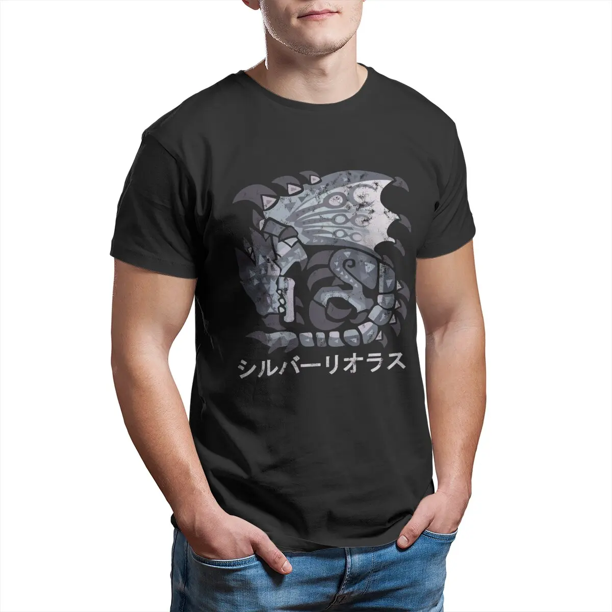 Monster Hunter World Iceborne Silver Rathalos Kanji   T-Shirts Men  Novelty Pure Cotton Tee Shirt  T Shirts Classic Tops