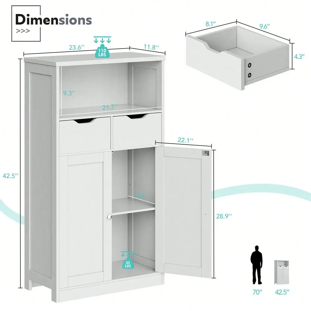 

Bathroom Storage Cabinet Freestanding Pantry Cabinet With 2 Drawers And Adjustable Shelves Wooden Floor Storage