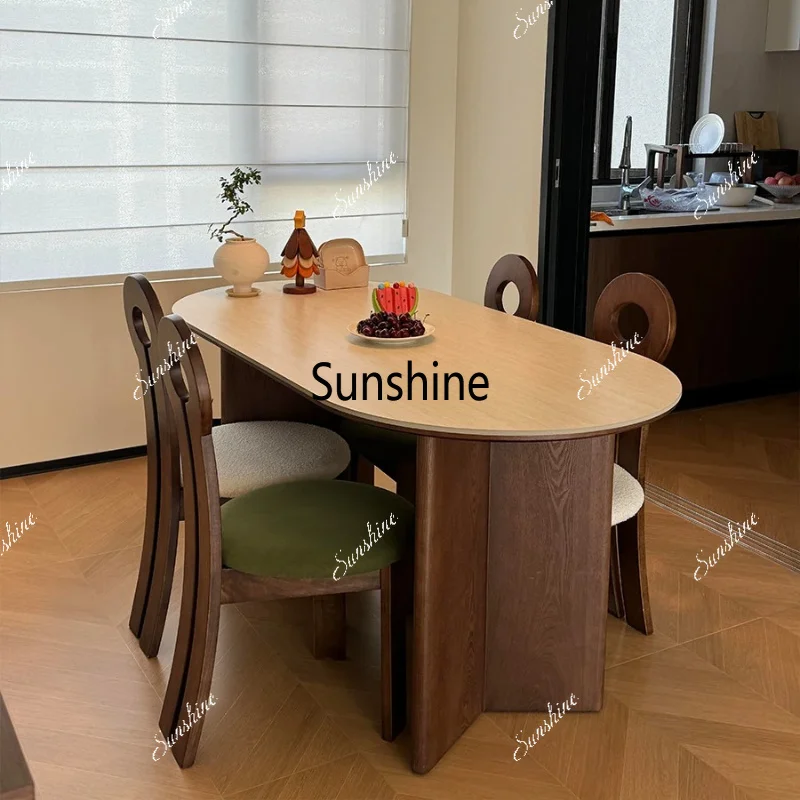 Medieval travertine rock slab dining table solid wood household dining table