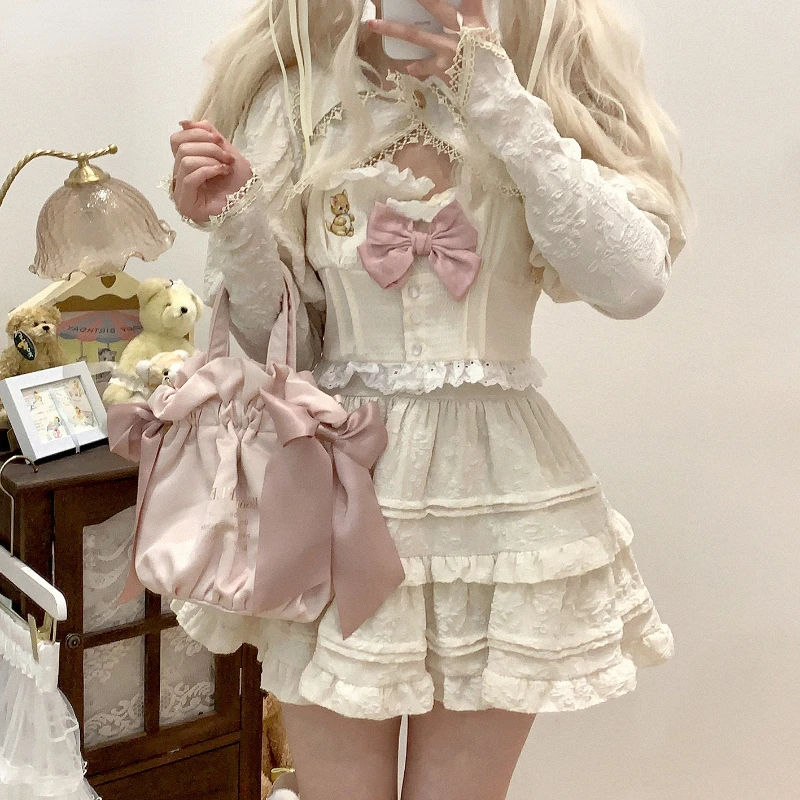 Autumn Kawaii Lolita Style Pink Skirt Sets Women Sweet Lace Bandage Tank Top Cute Mini Cake Skirt Chic Jacquard Relief Rose Suit