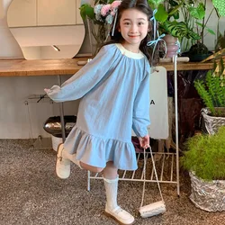 Sweet Girls Dress Spring Long Puff Sleeve Pleated Dress for Kids Girls Casual Loose Blue Princess Dress Children Autumn Clothing