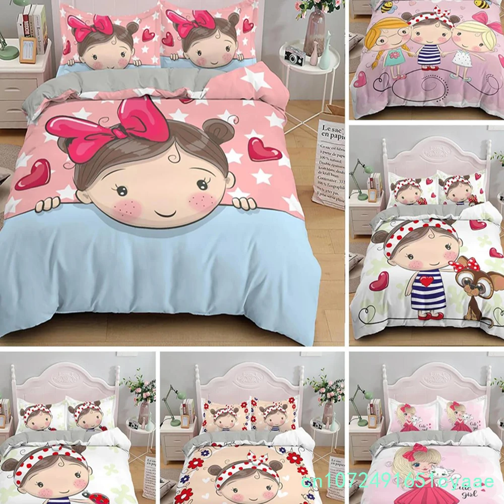 Cartoon Lovely Girls King Queen Duvet Cover Cute Little Girl Pattern Bedding Set Kids Pink Pretty 2/3pcs Polyester Quilt Cover