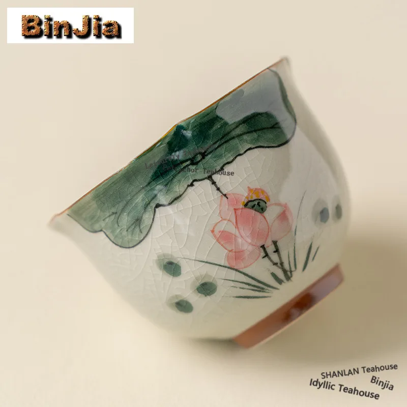 100ml Ge Kiln Hand-painted Lotus Teacup Handmade Tea Bowl Beautiful Tea Cup Tea-tasting Fragrance Cup Chazhan Master Cups Craft