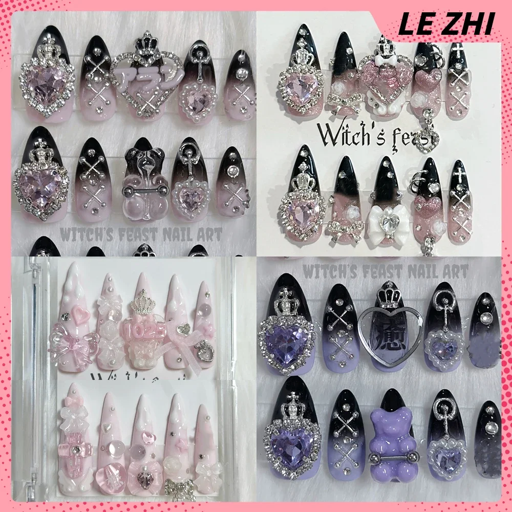 

10Pcs Y2K Spice Girls Long Almond Handmade Press On Nails 3D Rhinestone Bowknot Japanese Style Pearl Wearable Full Cover Nail