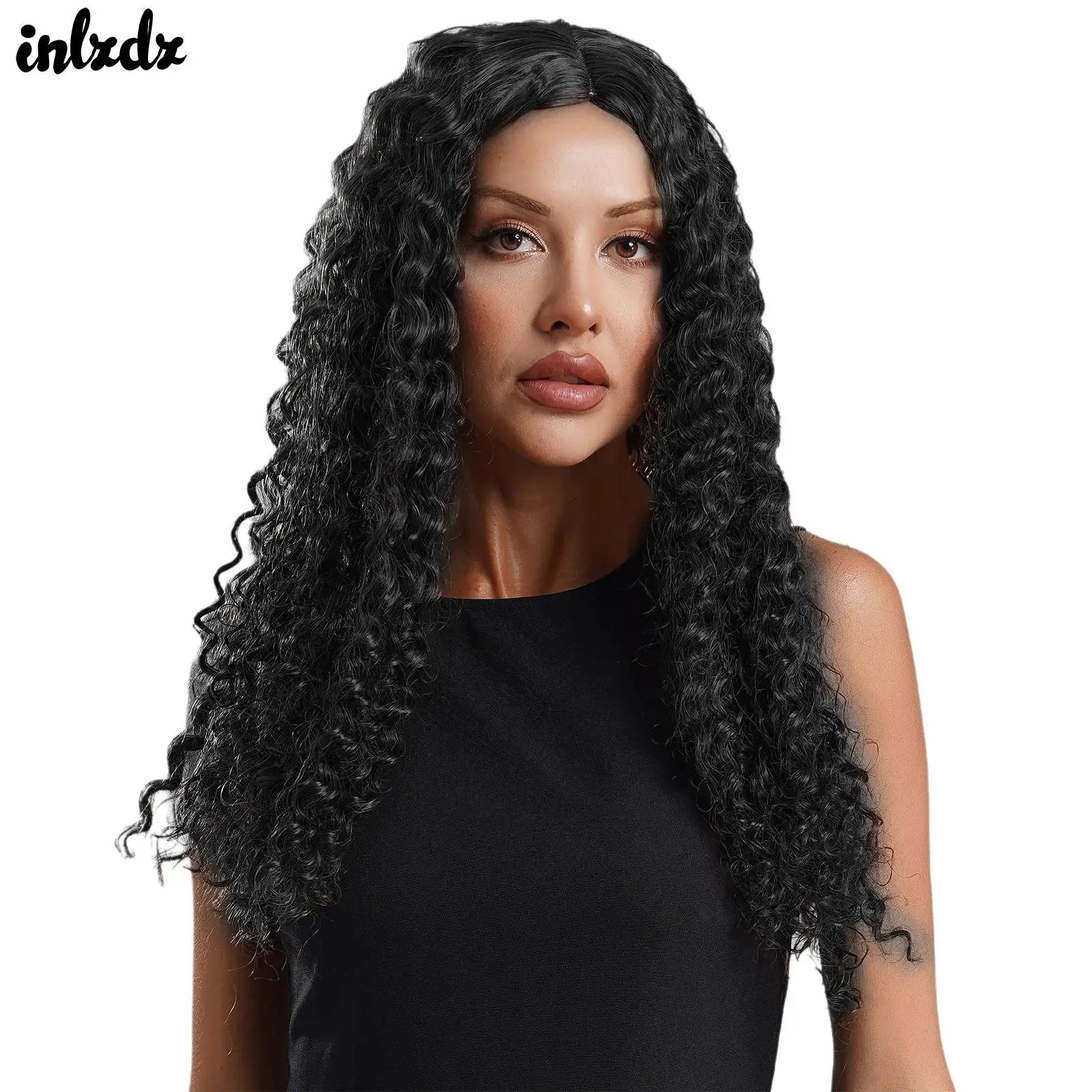 Womens Long Small Curly Wig with Mesh Cap 80s Disco Rock Centre Parting Frizzled Afro Wigs Vintage Music Halloween Punk Costume